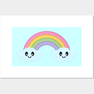 Kawaii Cute Happy Rainbow and Clouds in Blue Posters and Art